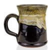 The back of the Bones Coffee Company Army of Dark Chocolate hand thrown mug. It is a gloss black color with a sunshine and white.