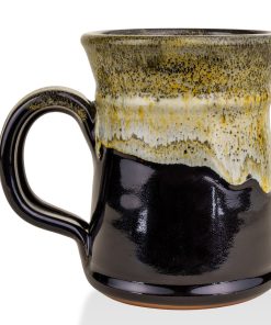 The back of the Bones Coffee Company Army of Dark Chocolate hand thrown mug. It is a gloss black color with a sunshine and white.