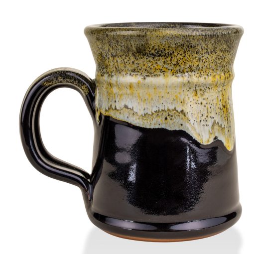 The back of the Bones Coffee Company Army of Dark Chocolate hand thrown mug. It is a gloss black color with a sunshine and white.