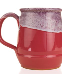The back of the Bones Coffee Company Coco Crush hand thrown mug. It is a dark magenta color and has a white lavender glaze on top of it.