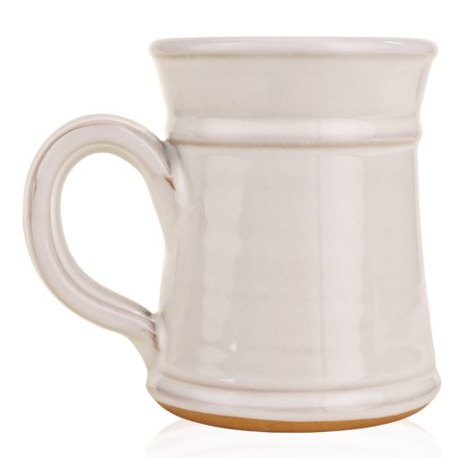 The back of the White Rabbit hand thrown mug. It is white colored.