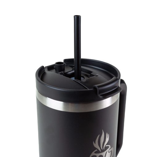 The top of a 40 ounce tumbler that is black colored. It has the Bones Coffee Company skull logo that has a skull that looks like a mug with steam coming out of the top of it. There is a straw sticking out of the middle of its lid.