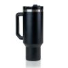 The back of a 40 ounce tumbler that is black colored. It has the Bones Coffee Company skull logo that has a skull that looks like a mug with steam coming out of the top of it. This tumbler has a handle and closable lid on it.