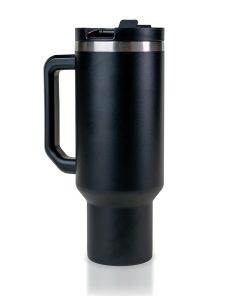 The back of a 40 ounce tumbler that is black colored. It has the Bones Coffee Company skull logo that has a skull that looks like a mug with steam coming out of the top of it. This tumbler has a handle and closable lid on it.