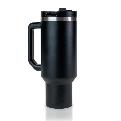 The back of a 40 ounce tumbler that is black colored. It has the Bones Coffee Company skull logo that has a skull that looks like a mug with steam coming out of the top of it. This tumbler has a handle and closable lid on it.