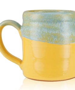 The back of the Bones Coffee Company Bikini Bottom Brew hand thrown mug. It is yellow colored and has a blue and white glaze on top of it.