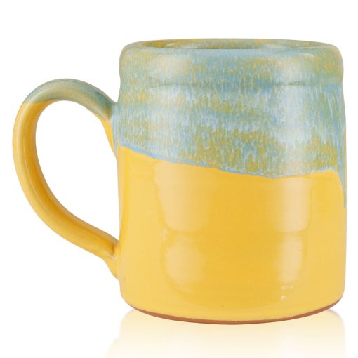 The back of the Bones Coffee Company Bikini Bottom Brew hand thrown mug. It is yellow colored and has a blue and white glaze on top of it.