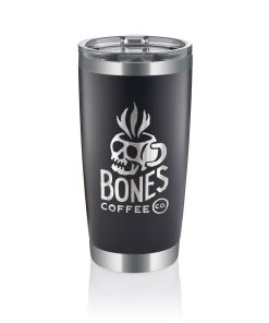A black tumbler that has the Bones Coffee Company logo on it. The logo has a skull that looks like a mug and has steam coming out of it above the text Bones Coffee Co with the word Bones spelled with bones.