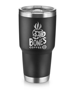A 30 ounce black tumbler with the Bones Coffee Company skull logo on it. The logo has a skull on it that looks like a mug and has steam coming out of the top of it.