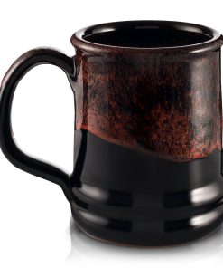 The back of the Bones Coffee Company Classic Logo mug that is black colored with an orange glaze on top of it.
