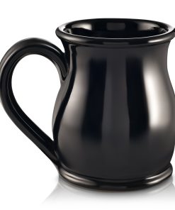 The back of the Bones Coffee Company Skull Logo mug that is black colored.