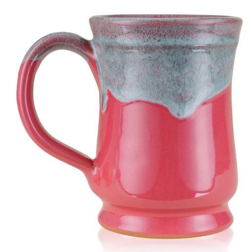 The back of the Bones Coffee Company Soufflé Symphony hand thrown mug. It is cosmo pink colored and has a teal and white glaze on top of it.