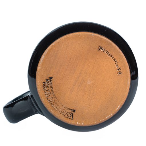 The bottom of the Dark Side Chocolate Truffle hand thrown mug. It is stamped with Lucasfilm and Deneen Pottery.