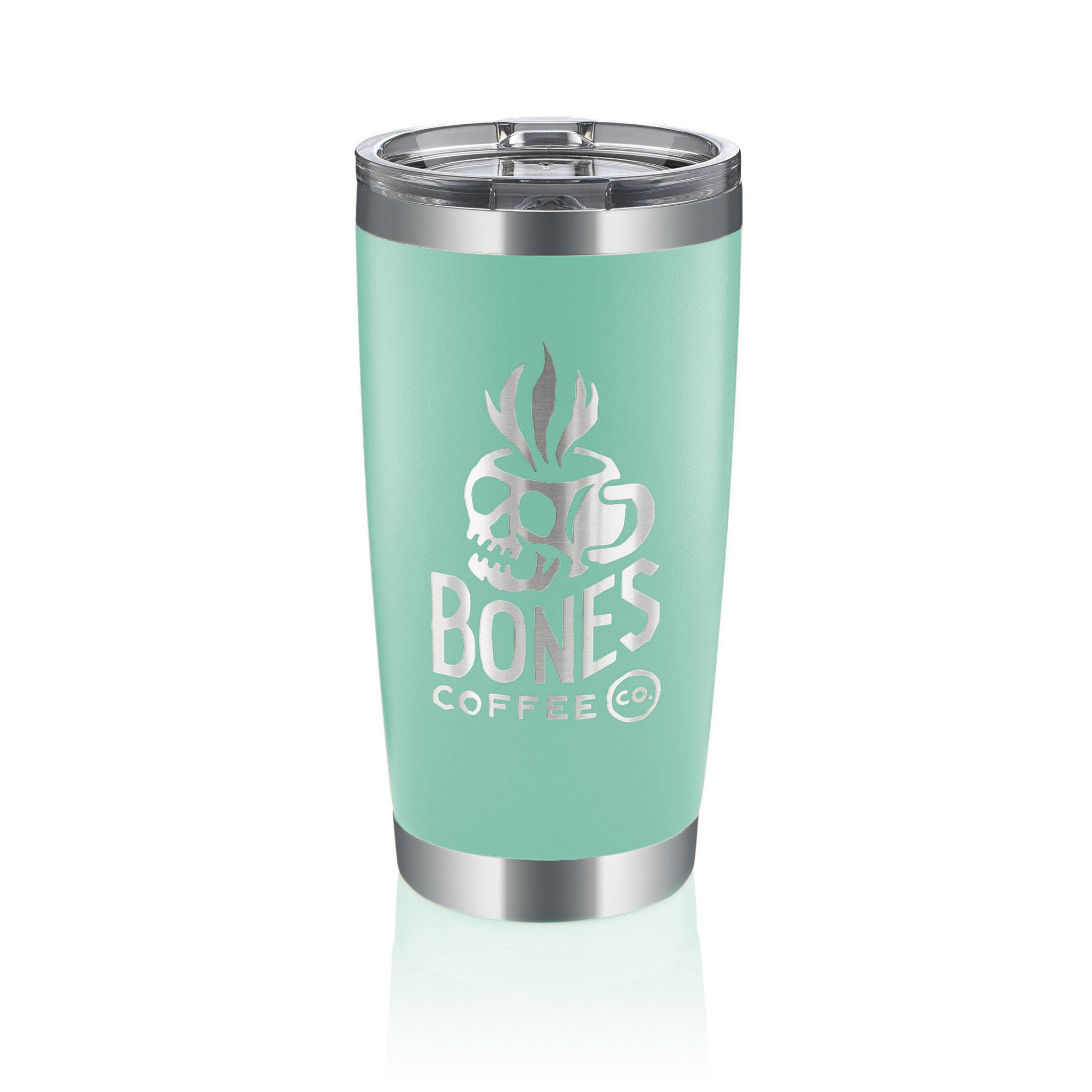 A 20 ounce tumbler that is robin egg colored. It has the Bones Coffee Company skull logo that has a skull that looks like a mug with steam coming out of the top of it.