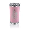 A pink tumbler that has the Bones Coffee Company logo on it. The logo has a skull that looks like a mug and has steam coming out of it above the text Bones Coffee Co with the word Bones spelled with bones.