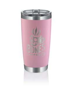 A pink tumbler that has the Bones Coffee Company logo on it. The logo has a skull that looks like a mug and has steam coming out of it above the text Bones Coffee Co with the word Bones spelled with bones.