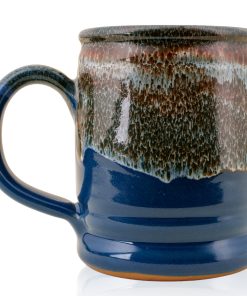 The back of the Bones Coffee Company S’morey Time hand thrown mug. It is a blue color with a cinnamon and white glaze on top of it.