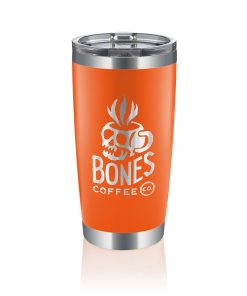 An orange tumbler that has the Bones Coffee Company logo on it. The logo has a skull that looks like a mug and has steam coming out of it above the text Bones Coffee Co with the word Bones spelled with bones.