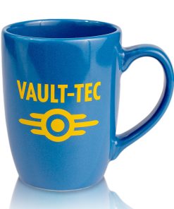The front of the Vault Tech ceramic mug has the yellow Vault-Tec logo. The ceramic mug is colored blue.