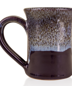 The back of the Bones Coffee Company Bananas Foster hand thrown mug. It is a deep purple color with a banana and white glaze on top of it.