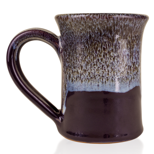 The back of the Bones Coffee Company Bananas Foster hand thrown mug. It is a deep purple color with a banana and white glaze on top of it.