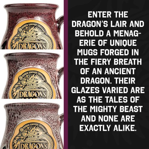 On the left it shows three of the Dragon’s Lair hand thrown mug with different shades of glazes that all contain burgundy and white. This showcases that each mug is uniquely glazed and not all of them may be exactly the same.