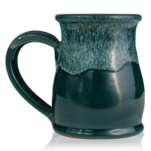 The back of the Frog’s Breath hand thrown mug. It is green colored with a white glaze on top.