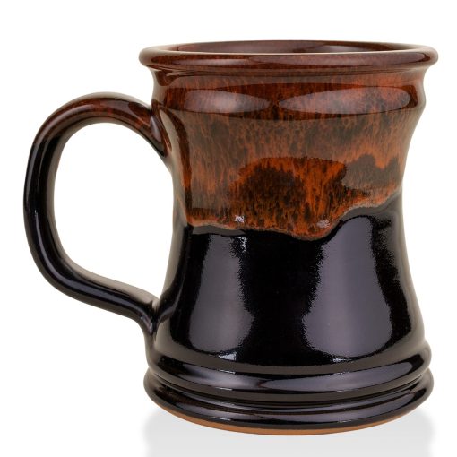 The back of the Bones Coffee Company Murder Hornet hand thrown mug. It is a black colored with a sunset orange glaze on top of it.