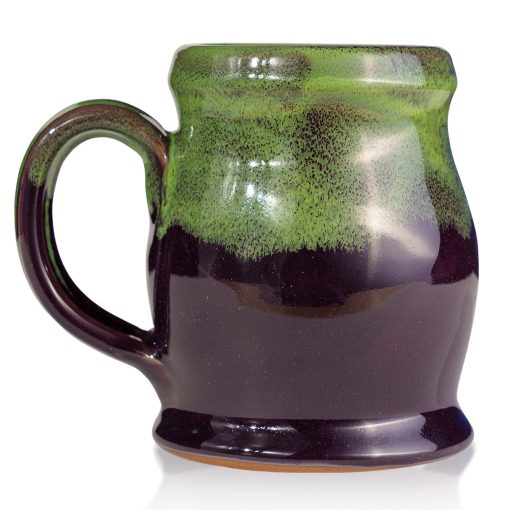 The back of the Mudslide Boogie hand thrown mug. It is plum colored with a kiwi glaze on top.