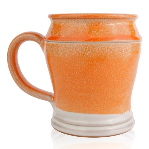 The back of the Orange-Sickle hand thrown mug. It is white colored with an orange glaze on top.