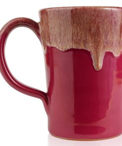 The back of the Santa Jack hand thrown mug. It is cranberry colored with a white glaze on top.