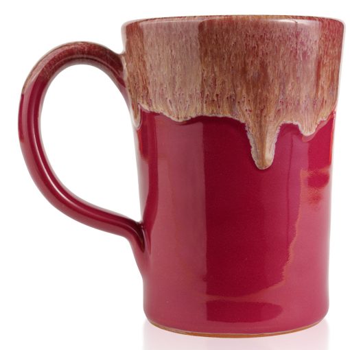 The back of the Santa Jack hand thrown mug. It is cranberry colored with a white glaze on top.